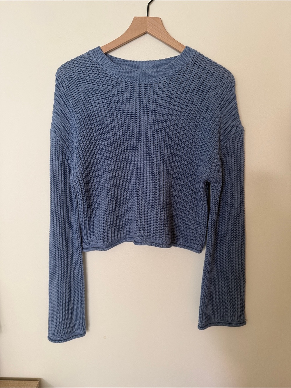 Garage Blue Cropped Ribbed Crewneck Sweater